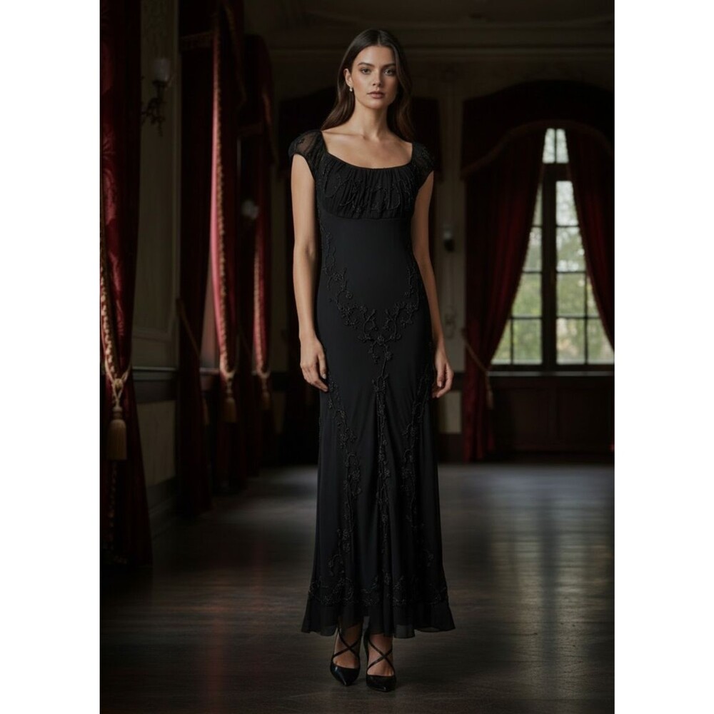 Vintage Newport News 100% Silk Beaded Maxi Gown Corset Back Y2K Dark Romantic 8